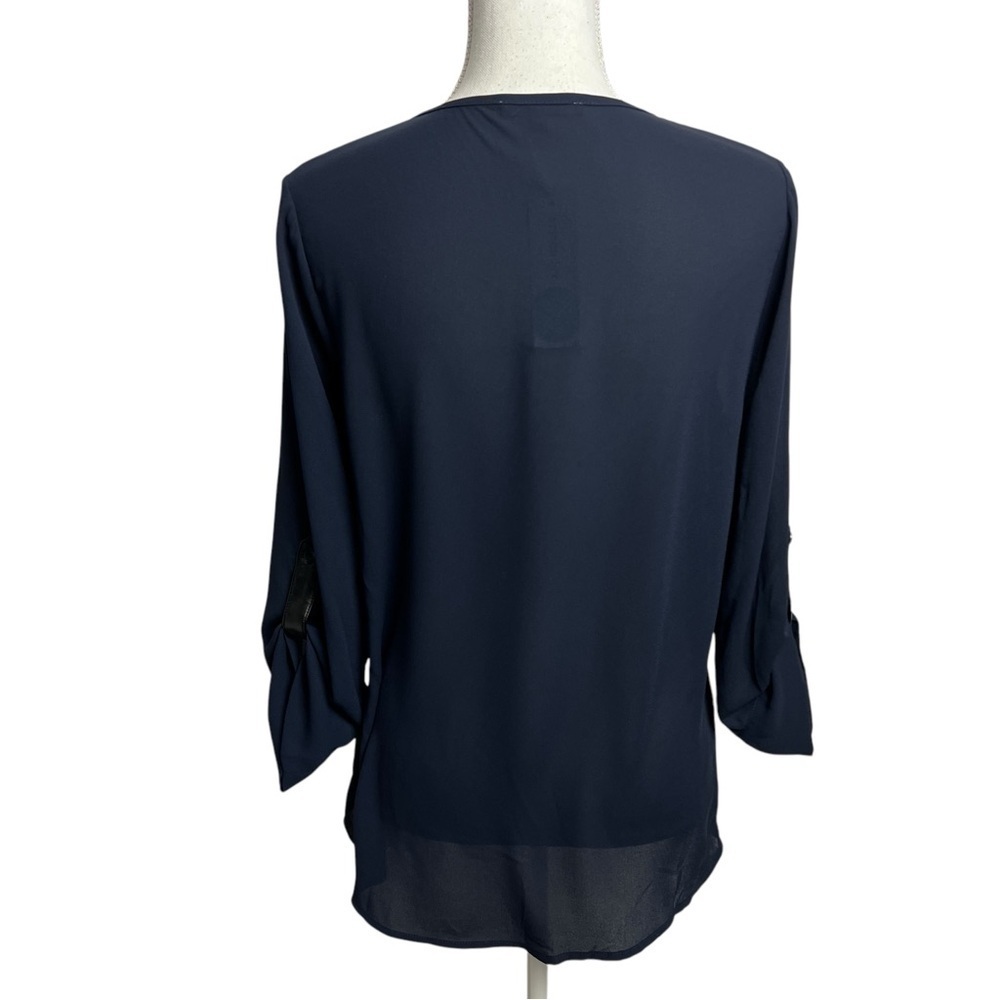 Stitch Fix 41 Hawthorn Woodling Faux Leather Detail Blouse Sz Small Semi Sheer - Picture 4 of 14